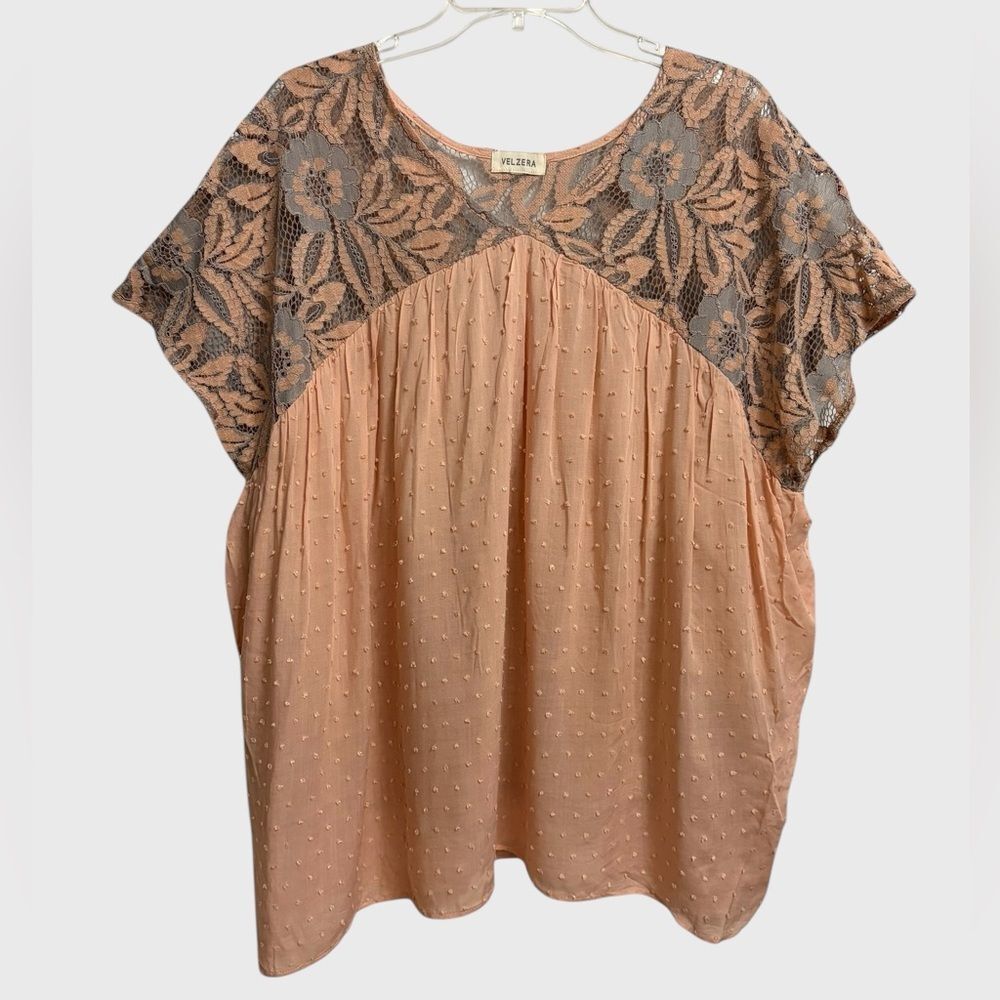 Velzera Swiss Dot Floral Lace Blouse Top Women's Size XL Peach Grey Boho Coastal